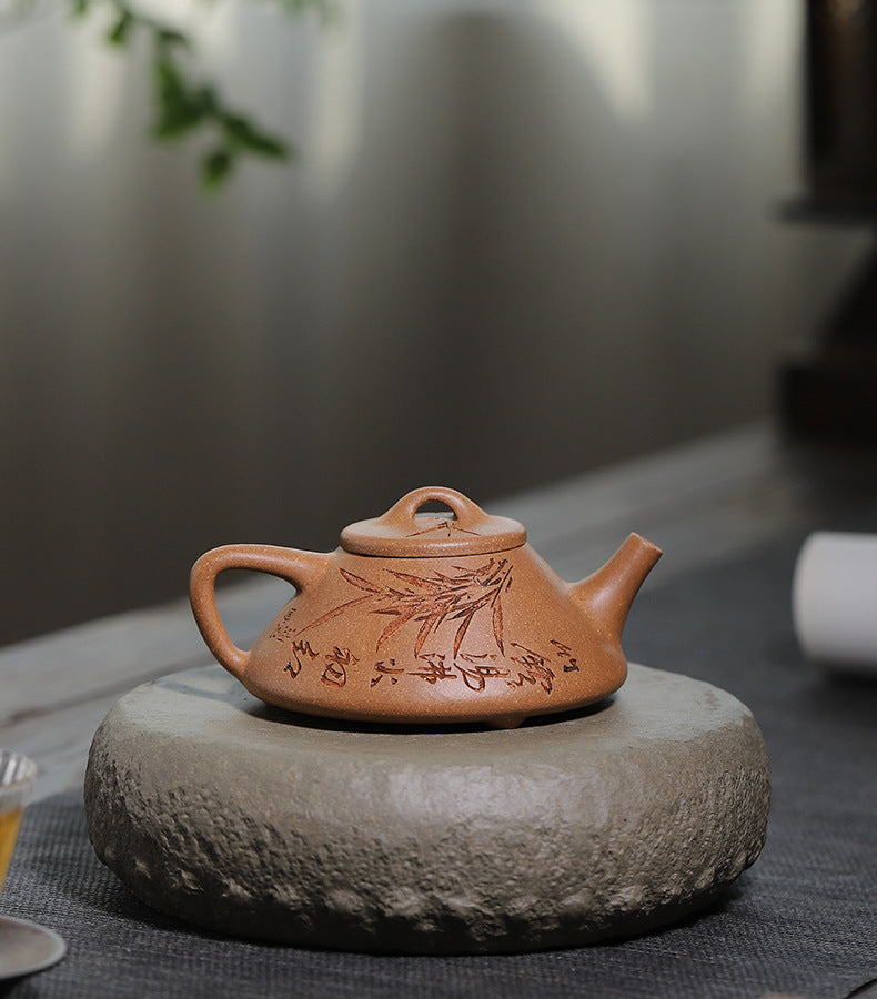 Handmade Pottery Carved Bamboo Leaf Smelt Teapot