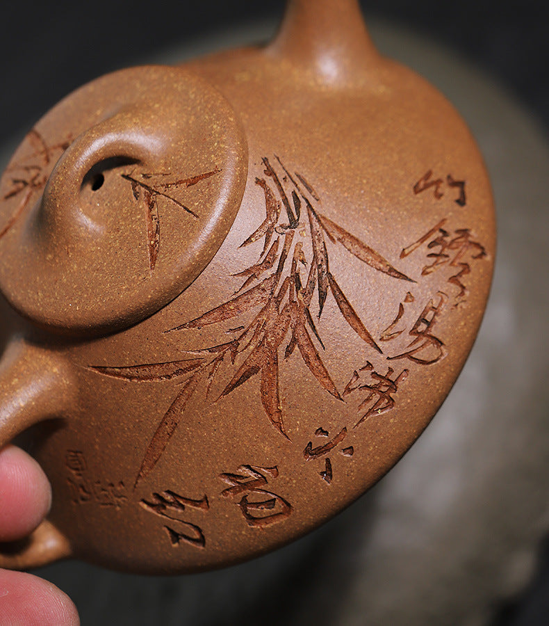 Handmade Pottery Carved Bamboo Leaf Smelt Teapot